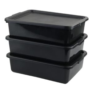 xyskin plastic storage utility bus tote with lid, restaurant commercial bus box, 3 packs, black