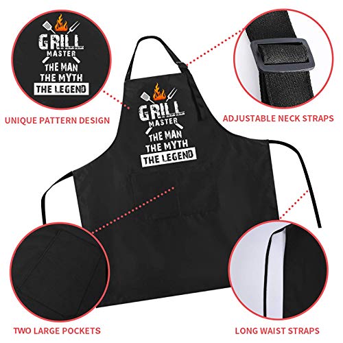 Rosoz Funny BBQ Black Chef Aprons for Men, Grill Master, Adjustable Kitchen Cooking Aprons with Pocket Waterproof Oil Proof Father’s Day/Birthday