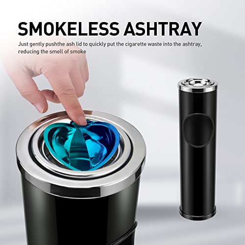 Anfrere Standing Ashtray Outdoor for Patio, Large & Tall Outside Ash Tray for Cigarette Butt Receptacle Disposal, Commercial Metal Smokers Cigar Ash Tray Container with Lid and Trash Can, D01BK