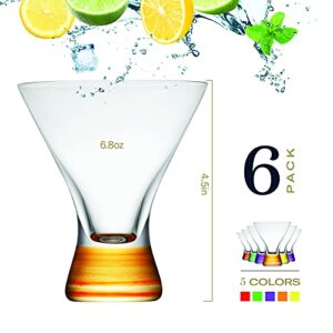 Colored Martini Glasses Set of 6 - 8 Oz Colored Margarita Glasses, Colorful Martini Glasses European Cocktail Glasses, Stemless Martini Glasses, Coupe Glasses, Dishwasher Safe, Glass Cups for Party