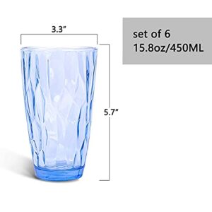 CREATIVELAND Highball Glass Tumbler Light Blue Set of 6, for Water,Cocktail,Juice,Beer,Iced Coffee,Clear Blue Glassware for Bar Kitchen,Thick & Heavy Glass Drinking Glasses with Heavy Base 16oz/450ML