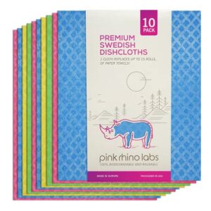 PINK RHINO LABS Swedish Dishcloths for Kitchen 10 Pack – Reusable Swedish Dish Towels: Replace Cellulose Sponges for Kitchen Cleaning, Dish Towels for Drying Dishes, Paper Towel Alternative & More