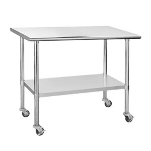 hoccot stainless steel prep & work table with adjustable shelf, with wheels, kitchen island, commercial workstations, utility table in kitchen garage laundry room outdoor bbq, 24" x 48"