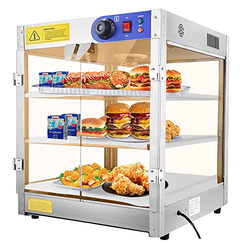 3-Tier Food Pastry Pizza Warmer Countertop Commercial Display Case See Through 750W Adjustable Removable Shelves Glass Door 20x20x24 (3-Tier)