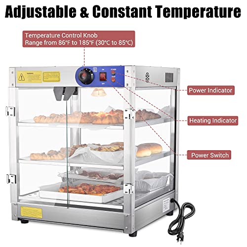 3-Tier Food Pastry Pizza Warmer Countertop Commercial Display Case See Through 750W Adjustable Removable Shelves Glass Door 20x20x24 (3-Tier)