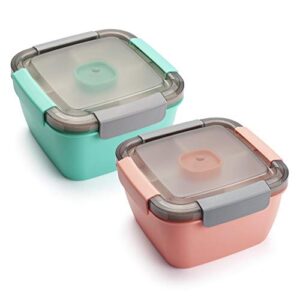 freshmage salad lunch container to go, 2 packs 52-oz salad bowls with 3 compartments, salad dressings container for salad toppings, snacks, men, women (pink+green)