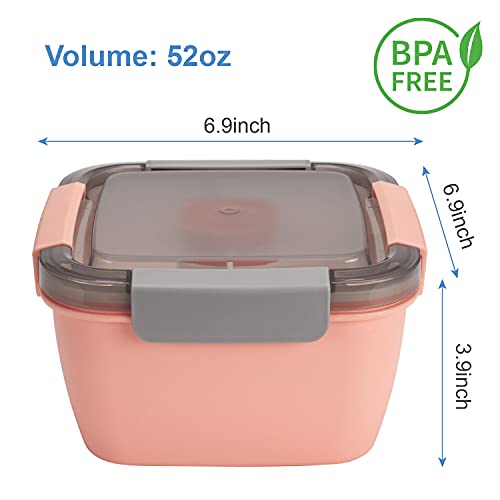 Freshmage Salad Lunch Container To Go, 2 Packs 52-oz Salad Bowls with 3 Compartments, Salad Dressings Container for Salad Toppings, Snacks, Men, Women (Pink+Green)