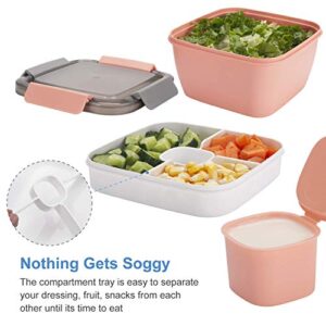 Freshmage Salad Lunch Container To Go, 2 Packs 52-oz Salad Bowls with 3 Compartments, Salad Dressings Container for Salad Toppings, Snacks, Men, Women (Pink+Green)