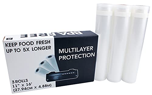 3 Pack- 11" x 16' Vacuum Seal Roll. Compatible With All Food Saver Vacuum Seal Machines, Heavy Duty, BPA-Free & Freezer Safe, Cut to Size. 24/7 Bags