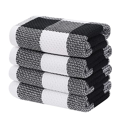 Homaxy 100% Cotton Waffle Weave Check Plaid Kitchen Towels, 13 x 28 Inches, Super Soft and Absorbent Dish Towels for Drying Dishes, 4-Pack, White & Black