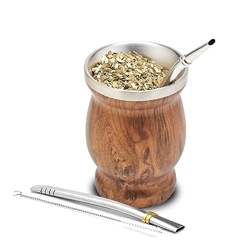 BALIBETOV Stainless Steel Double-Wall Mate Cup And Bombilla Set - Yerba Mate set Includes One Yerba Mate Cup, 2 Bombillas Mate (Straw) & Brush - Easy to Clean (Wood)