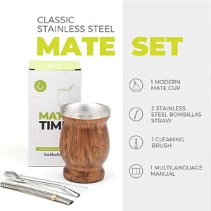 BALIBETOV Stainless Steel Double-Wall Mate Cup And Bombilla Set - Yerba Mate set Includes One Yerba Mate Cup, 2 Bombillas Mate (Straw) & Brush - Easy to Clean (Wood)