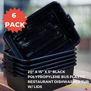 6 Pack 20" x 15" x 5" Black Polyethylene Plastic Restaurant Dishwasher Tub Bus Tub, Bus Box, Storage Bins, Storage Box W/Lid