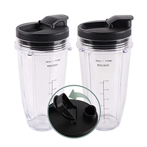 Replacement Parts Kit Ninja Blender Cups for 24 Ounce Cup (2 packs) with Sip & Seal Lid Compatible with Ninja Auto IQ Blender BL450 BL454 BL490 BL680 BL2013 NN102