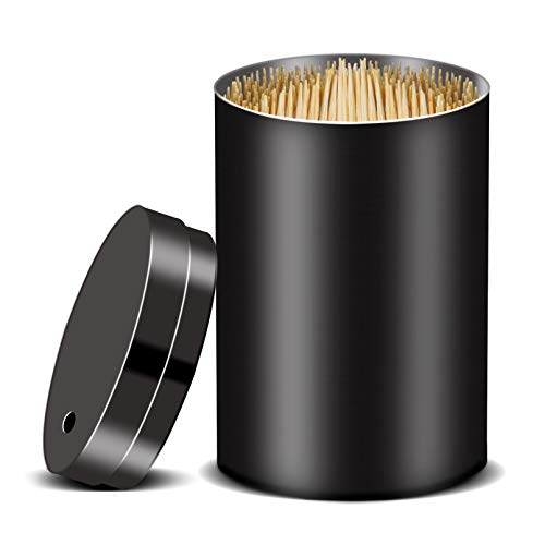 YIFOCUS Stainless Steel Metal Toothpick Holder Dispenser, Tooth Picks Lot Container with 500 Pieces Bamboo Round Toothpicks for Teeth Appetizer and for kitchen (Black)