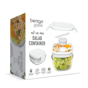 Bentgo® Glass All-in-One Salad Container - Large 61-oz Salad Bowl, 4-Compartment Bento-Style Tray for Toppings, 3-oz Sauce Container for Dressings, and Built-In Reusable Fork (White)