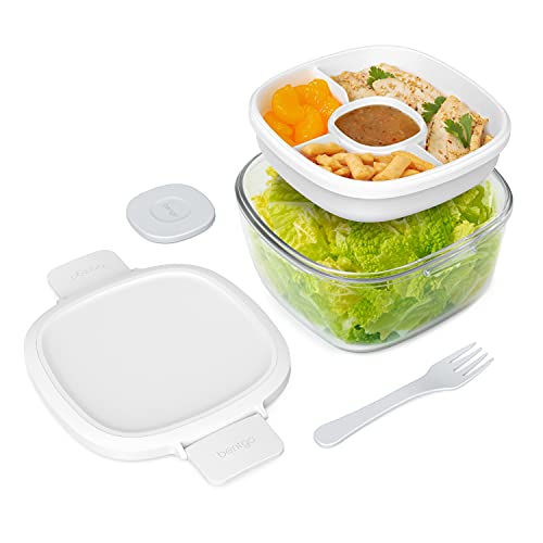 Bentgo® Glass All-in-One Salad Container - Large 61-oz Salad Bowl, 4-Compartment Bento-Style Tray for Toppings, 3-oz Sauce Container for Dressings, and Built-In Reusable Fork (White)