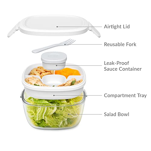 Bentgo® Glass All-in-One Salad Container - Large 61-oz Salad Bowl, 4-Compartment Bento-Style Tray for Toppings, 3-oz Sauce Container for Dressings, and Built-In Reusable Fork (White)