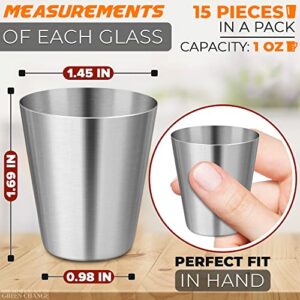 Set of 15pcs Stainless Steel Shot Glasses Drinking Vessel - 30 ml (1oz) Outdoor Camping Travel Coffee Tea Cup, Silver Cup - Unbreakable Metal Shooters for Whiskey Tequila Liquor Great Barware Gift