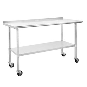 stainless steel table for prep & work 24 x 60 inches with caster wheels, nsf commercial heavy duty table with undershelf and backsplash for restaurant, home and hotel