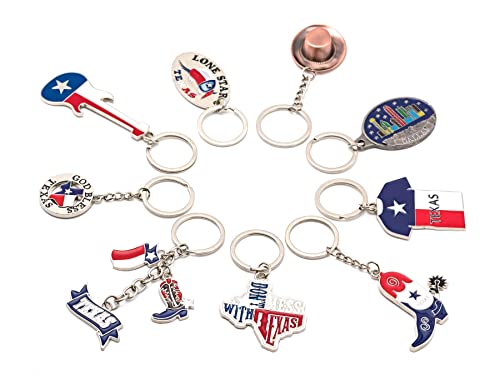 Texas Bundle Souvenir Keychains, 21 Pcs Set, Texas Lone Star on Texas State Map, Don't Mess with Texas, I Love Texas, Longhorn, Texas Seal, Texas Bottle Opener, Texas Collection, Metallic