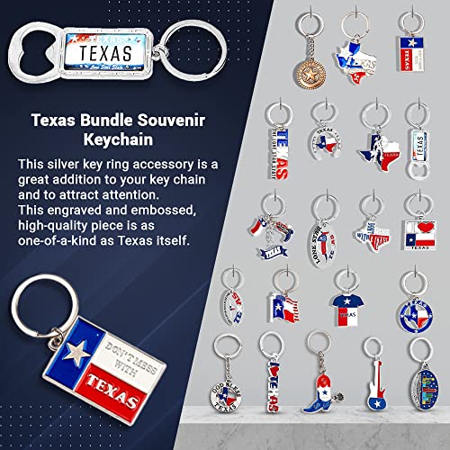 Texas Bundle Souvenir Keychains, 21 Pcs Set, Texas Lone Star on Texas State Map, Don't Mess with Texas, I Love Texas, Longhorn, Texas Seal, Texas Bottle Opener, Texas Collection, Metallic