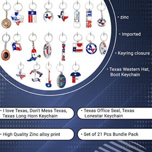 Texas Bundle Souvenir Keychains, 21 Pcs Set, Texas Lone Star on Texas State Map, Don't Mess with Texas, I Love Texas, Longhorn, Texas Seal, Texas Bottle Opener, Texas Collection, Metallic