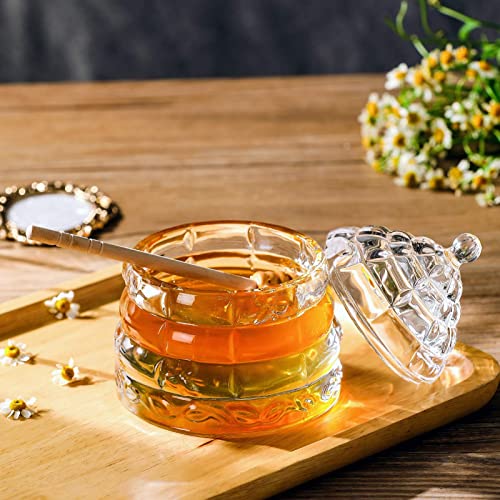 1500 C Tabletop Bee-hive Glass Honey Jars with Dipper and Lid 10 oz. Crystal Clear Heavy Glass Honey Pot Honey Containers Holder for Jam Jelly Syrup Home& Kitchen