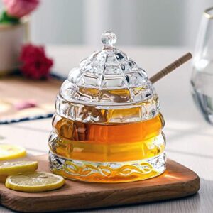 1500 C Tabletop Bee-hive Glass Honey Jars with Dipper and Lid 10 oz. Crystal Clear Heavy Glass Honey Pot Honey Containers Holder for Jam Jelly Syrup Home& Kitchen