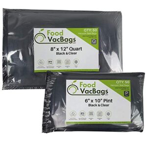 100 total - 50 pint 6" x 10" & 50 quart 8" x 12" foodvacbags black back clear front vacuum seal bag pouch, pre-cut, foodsaver compatible, perfect for display