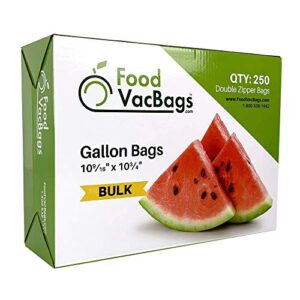 250 count - gallon double zipper reclosable resealable lock seal zip bags, 2 mil, food safe, bpa free, 10 9/16" x 10 3/4"