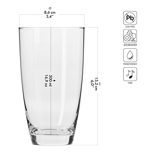 Krosno Tall Water Juice Drinking Glasses | Set of 6 | 16.9 oz | Mixology Collection | Perfect for Home, Restaurants and Parties | Dishwasher Safe