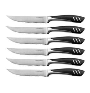 bellemain serrated steak knife set | stainless steel kitchen knife set, meat knife for table | sharp knife set, dinner knives, gourmet steak knives, black knife set | serrated steak knives - set of 6