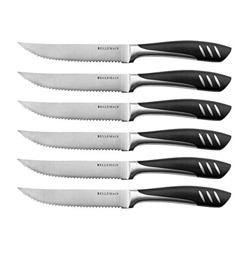 Bellemain Serrated Steak Knife Set | Stainless Steel Kitchen Knife Set, Meat Knife for Table | Sharp Knife Set, Dinner Knives, Gourmet Steak Knives, Black Knife Set | Serrated Steak Knives - Set of 6