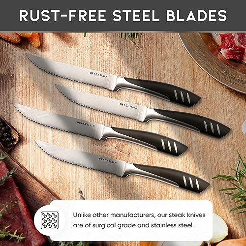 Bellemain Serrated Steak Knife Set | Stainless Steel Kitchen Knife Set, Meat Knife for Table | Sharp Knife Set, Dinner Knives, Gourmet Steak Knives, Black Knife Set | Serrated Steak Knives - Set of 6