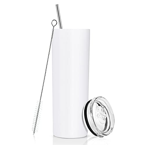 Skinny Travel Tumbler, Stainless Steel Skinny Tumbler, Double Wall Insulated Tumbler with Lid and Straw, 20 Oz Slim Water Tumbler Cup, Vacuum Tumbler Travel Mug for Coffee, Beverages, Tea (White)