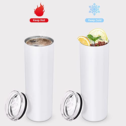 Skinny Travel Tumbler, Stainless Steel Skinny Tumbler, Double Wall Insulated Tumbler with Lid and Straw, 20 Oz Slim Water Tumbler Cup, Vacuum Tumbler Travel Mug for Coffee, Beverages, Tea (White)