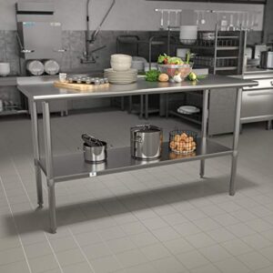 emma + oliver stainless steel 18 gauge kitchen prep and work table with backsplash and shelf, nsf - 60" w x 24" d