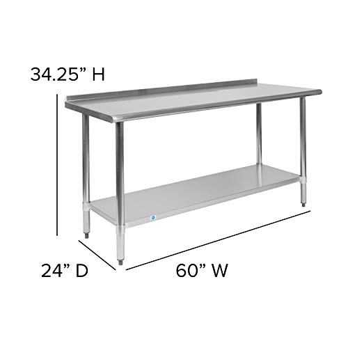 EMMA + OLIVER Stainless Steel 18 Gauge Kitchen Prep and Work Table with Backsplash and Shelf, NSF - 60" W x 24" D