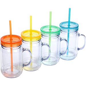 zephyr canyon plastic mason jars with handles, lids and straws | 20 oz double insulated tumbler with straw | 4 pack set of 4 | wide mouth mason jar mugs | cups for kids and adults…