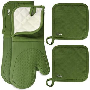 klex extra long silicone oven mitts and pot holders, 932°f degrees heat resistance with quilted liner oven gloves and hot pads, 4 piece set, 15 inch, green