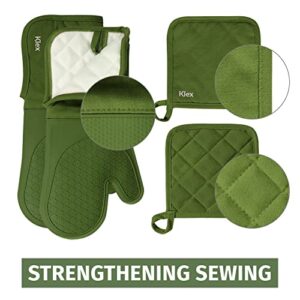 Klex Extra Long Silicone Oven Mitts and Pot Holders, 932°F Degrees Heat Resistance with Quilted Liner Oven Gloves and Hot Pads, 4 Piece Set, 15 inch, Green