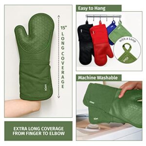 Klex Extra Long Silicone Oven Mitts and Pot Holders, 932°F Degrees Heat Resistance with Quilted Liner Oven Gloves and Hot Pads, 4 Piece Set, 15 inch, Green