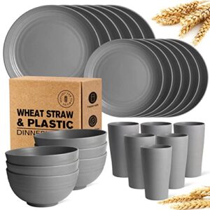 teivio 24-piece kitchen plastic wheat straw dinnerware set, service for 6, dinner plates, dessert plate, cereal bowls, cups, unbreakable plastic outdoor camping dishes, grey