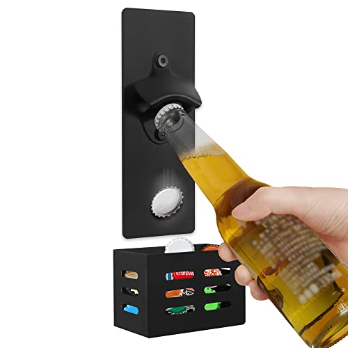 DOUBLE TJP Magnetic Bottle Opener with Cap Catcher - Wall Mounted Beer Bottle Opener Cap Collector for Fridge, Kitchen, Bar, Ideal Gift for Men Women, Black