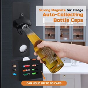 DOUBLE TJP Magnetic Bottle Opener with Cap Catcher - Wall Mounted Beer Bottle Opener Cap Collector for Fridge, Kitchen, Bar, Ideal Gift for Men Women, Black