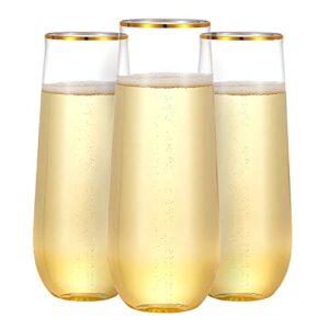 n9r 36 pack plastic champagne flutes, 9 oz stemless disposable gold rim toasting glasses, crystal clear cocktail cups drinkware shatterproof ideal for party wedding birthday