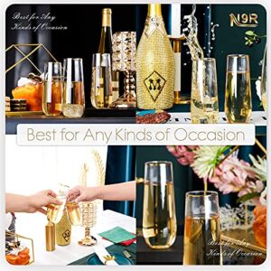 N9R 36 Pack Plastic Champagne Flutes, 9 Oz Stemless Disposable Gold Rim Toasting Glasses, Crystal Clear Cocktail Cups Drinkware Shatterproof Ideal for Party Wedding Birthday