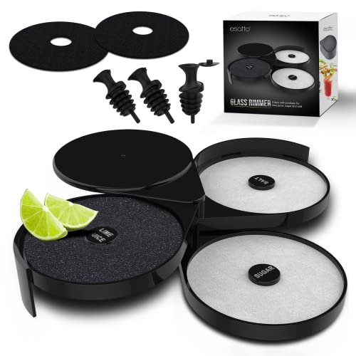 Esatto Glass Salt Rimmer 3 Tier for Margarita Tray and Cocktail, Black with 2 Extra Sponge’s + 3 Pourers – Apply Salt, Sugar, and Lime Juice for Better Drinks and Efficient Drink Preparation