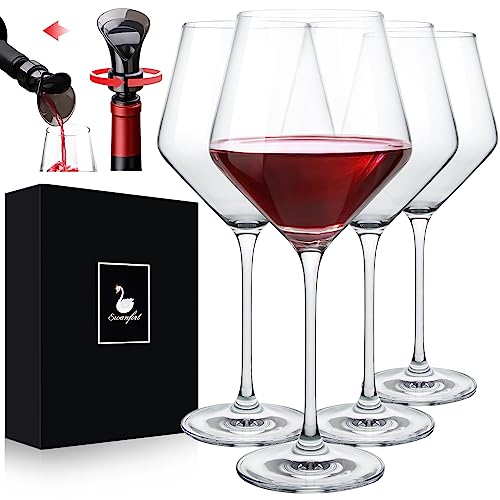 Swanfort Red Wine Glasses Set of 4, Long Stem Crystal Wine Glasses, Burgundy Wine Glasses in Gift Box, Large Wine Glasses With Stem for Any Occasions-16 oz